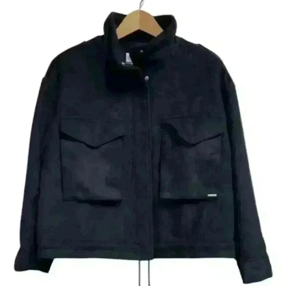 NINE WEST Navy Blue Fleece Bomber Utility Jacket Zip Up Stand up Collar Sz. XL